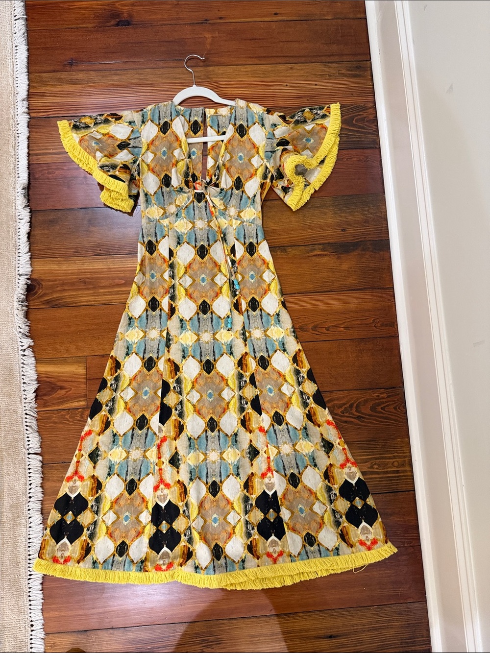 Alexis Yellow & Blue Geometric Midi Dress with Fringe